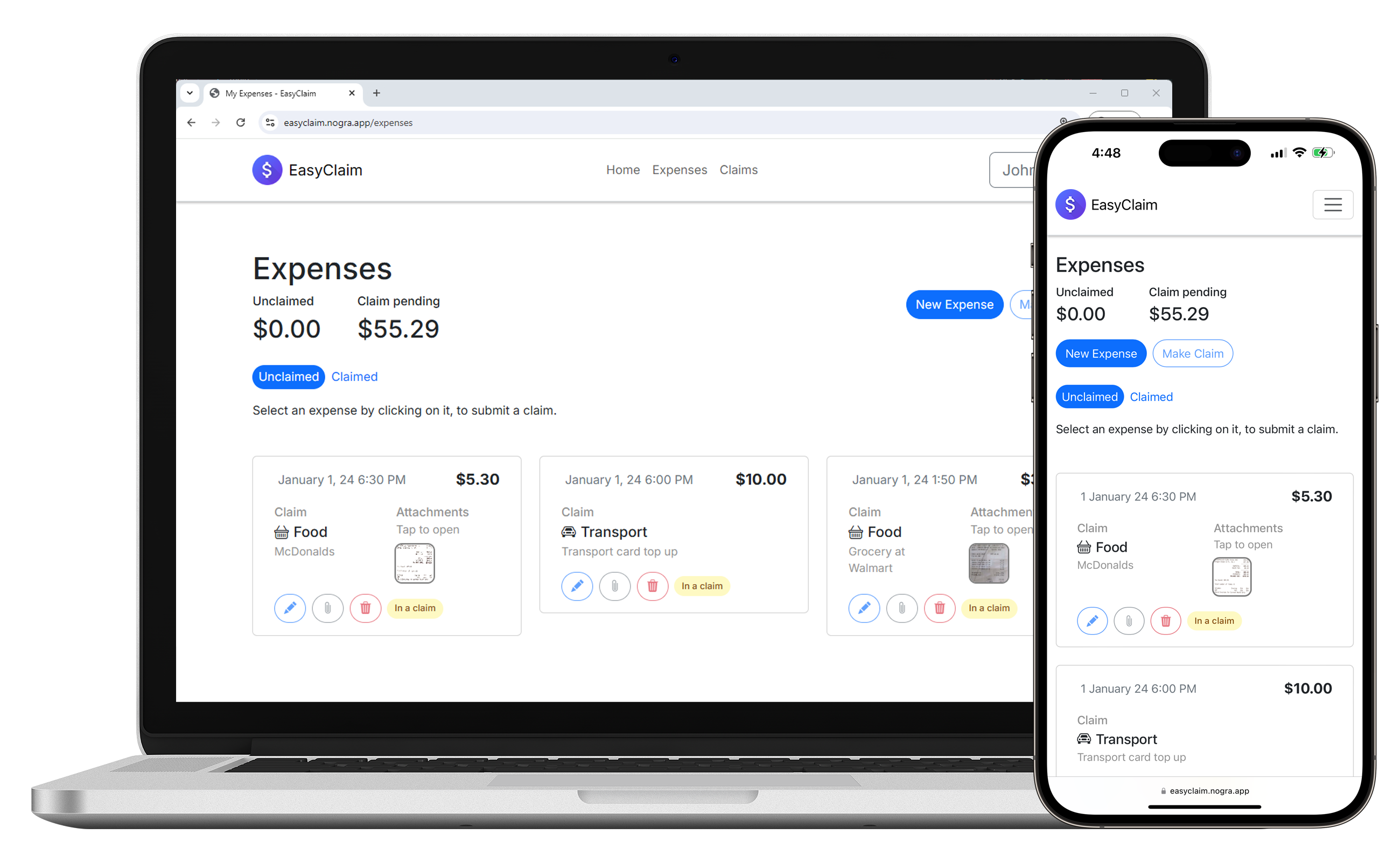 Splity app displayed on a laptop and smartphone screen, showing the Expenses page where users can manage unclaimed and pending expenses with options to add new expenses or submit claims.